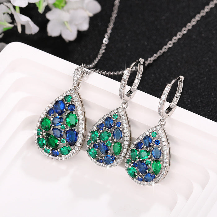 Blue And Green Teardrop Cluster Necklace And Earring Styles Silver Tone