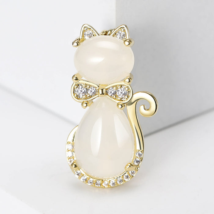 Cat Brooch Milky White Cabochon Crystal Bow Gold Silver