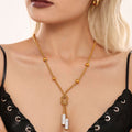 Gold Rope Chain Knot Lariat Necklace Ball Accents Crystal Ends view 1