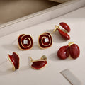 Burgundy Enamel Look Gold Tone Mixed Shape Stud Earrings view 2