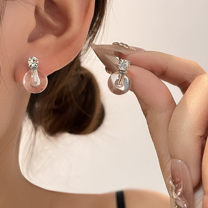 Clear Water Drop and Round Stone Silver Stud Earrings