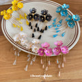 Black Floral Drop Earrings with Beaded Tassel Strands view 2