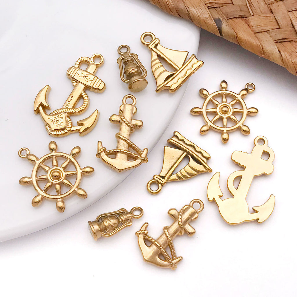 Gold Stainless Steel Anchor Ship Wheel Lighthouse Charm Pendant for DIY Nautical Jewelry