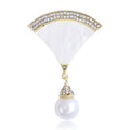White Shell Fan Brooch Pearl Drop Crystal Gold Rim view 6