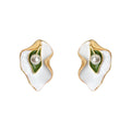 White Enamel Leaf Stud Earrings Green Center Pearl Gold view 5