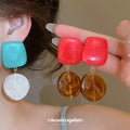 Color Block Resin Drop Earrings in Green Red Amber and White view 1