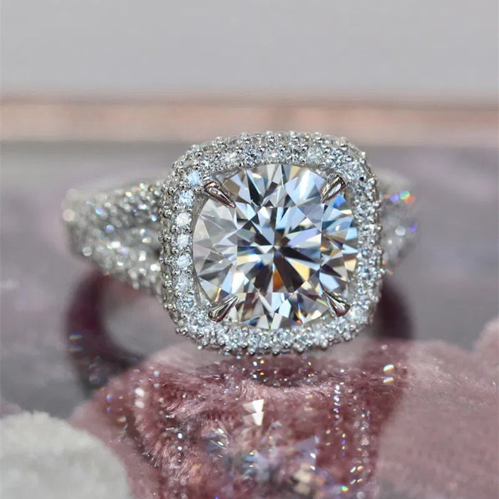 Square White Stone Ring with Triple Row Pavé Shoulders