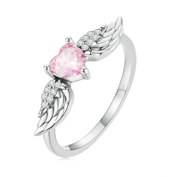 White Gold Pink Heart Angel Wing Finger Ring Sizes 6-10