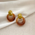 Olive Green Top And Amber Translucent Round Hoop Stud Earrings view 1