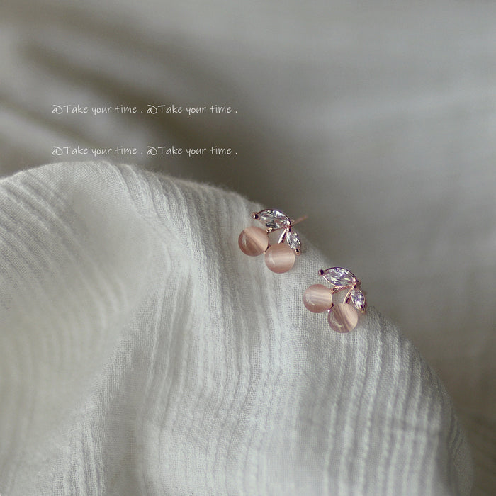 Silver Tone Pink Cat Eye Double Cherry Branch Stud Earrings