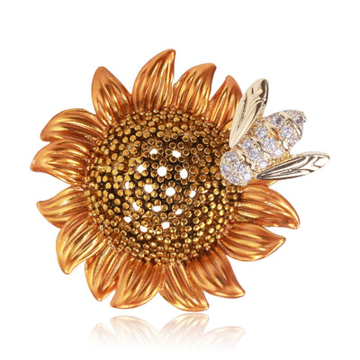 Gold sunflower bee brooch clear zircon front view
