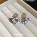 Silver Tone Square Stone Fan Drop Stud Earrings With Polished Metal Details view 4