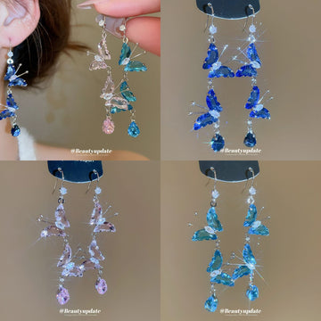 Pink Crystal Butterfly Cascade Hook Earrings Fashion Jewelry for Women