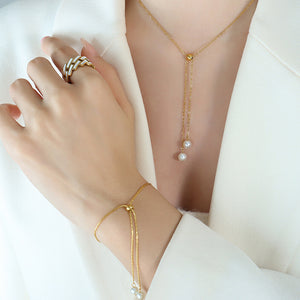 Gold Adjustable Faux Pearl Drop Lariat Necklace Slider Bracelet