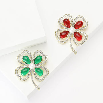 Four Leaf Clover Brooch With Teardrop Crystals and Pearl