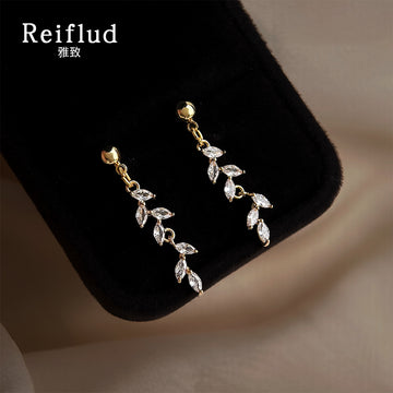 Gold Tone Clear Marquise Stone Wheat Leaf Long Drop Stud Earrings