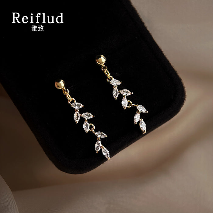 Gold Tone Clear Marquise Stone Wheat Leaf Long Drop Stud Earrings