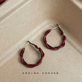 Wine Red Enamel Twisted Rope Hoop Earrings Oval Shape view 1