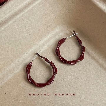 Wine Red Enamel Twisted Rope Hoop Earrings Oval Shape