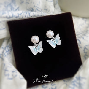 Light Blue Enamel Butterfly Stud Earrings Glass Pearl Posts