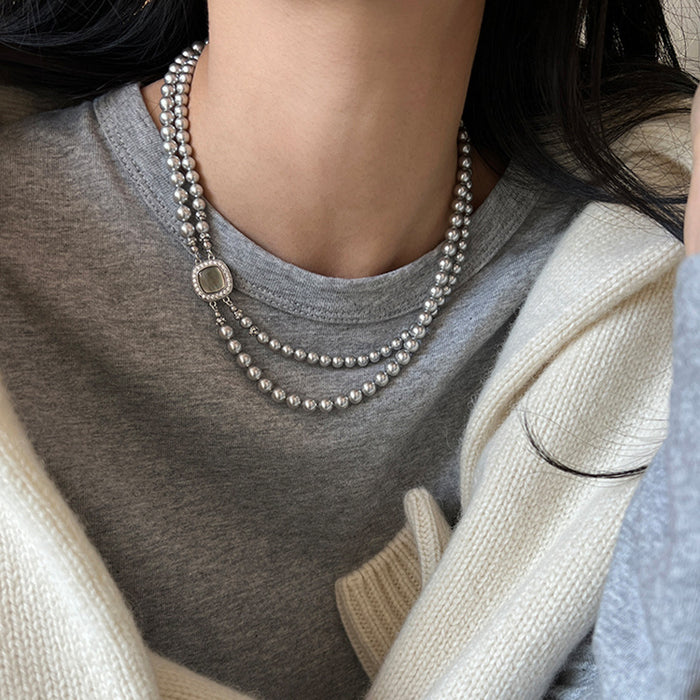 Silver Double Strand Pearl Bead Necklace Square Halo Clasp