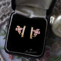 Gold Pink Enamel Flower Wrap Stud Earrings With Clear Stones view 3