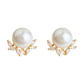 Gold White Pearl Stud Earrings Clear Marquise CZ Leaf view 5
