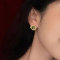 Gold Tone Olive Green Center Halo Clear Stone Stud Earrings view 3