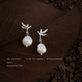 Silver Tone Leaf Branch Irregular White Pearl Drop Stud Earrings view 4