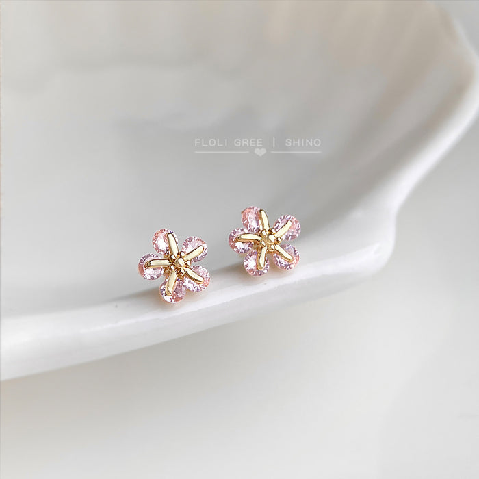 Gold-Tone Mini Pink Zircon Five Petal Flower Stud Earrings