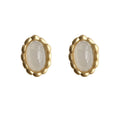 Gold Matte Oval Stud Earrings White Cabochon Beaded Rim view 5