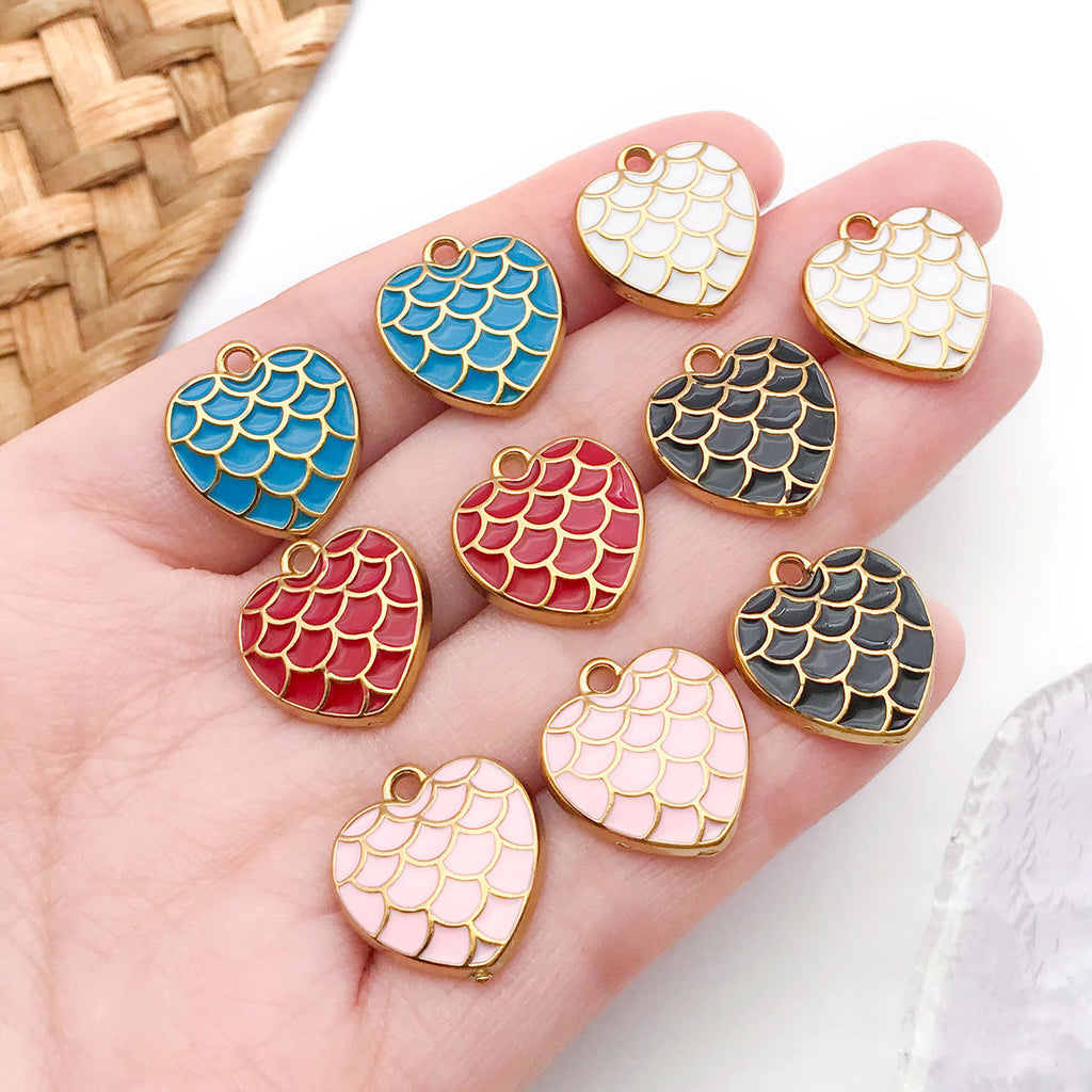 16x18mm Stainless Steel Enamel Fish Scale Heart Charm Pendant for DIY Necklace Earring Keychain