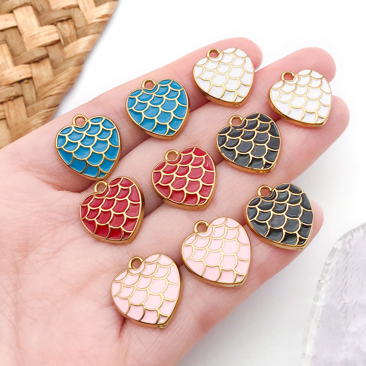 16x18mm Stainless Steel Enamel Fish Scale Heart Charm Pendant for DIY Necklace Earring Keychain