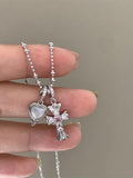 Silver Tone Heart and Cross Charm Pendant Necklace view 6