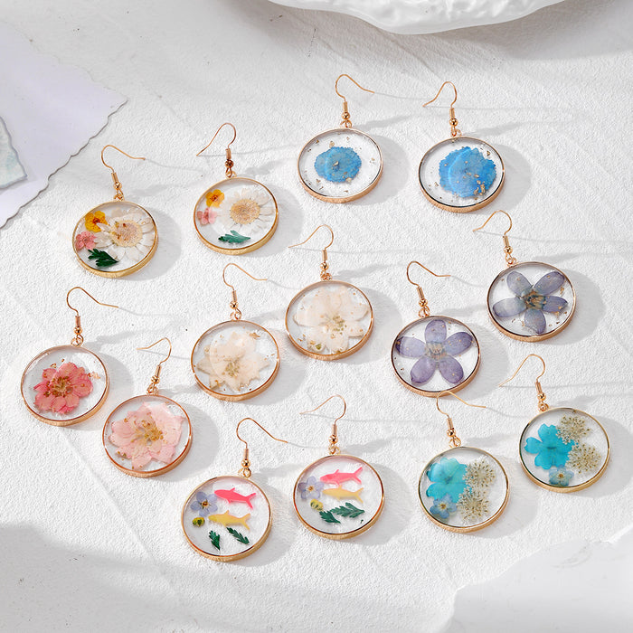 Round Gold Rim Resin Dried Flower Drop Earrings 7 Styles