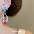 Gold Tone Multicolor Enamel Flower Drop Earrings Statement Jewelry view 3