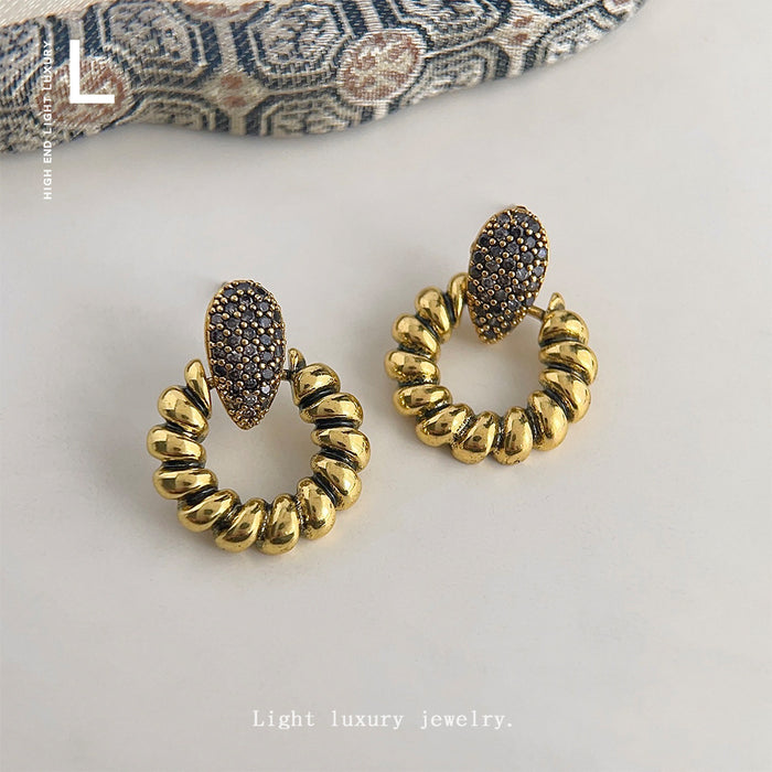 Antique Gold Beaded Hoop Stud Earrings Black CZ Drop