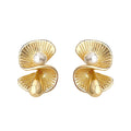 Gold Twisted Fan Shell Pearl Teardrop Stud Earrings view 5