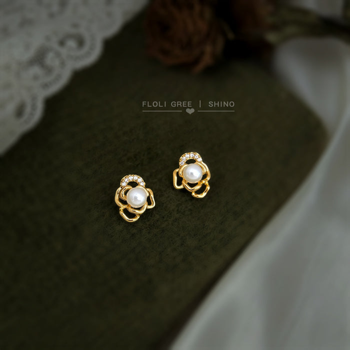 Gold Mini Openwork Camellia Pearl Zircon Stud Earrings