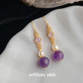 Gold-Tone Amethyst Pearl Filigree Zirconia Drop Earrings view 1