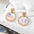 Gold Tone Scalloped Round Pressed Flower Resin Stud Earrings view 4