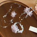 Pink Organza Flower Pearl Necklace Bracelet Drop Earrings view 2