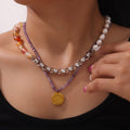 Steel Tone Chain Necklace Natural Stone Freshwater Pearl Half view 3