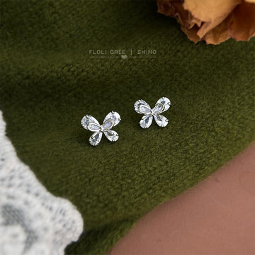Silver Tone Clear Stone Ribbon Bow Stud Earrings With Open Loops