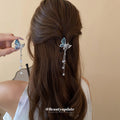 Blue Translucent Butterfly Hair Claw Pair With Bead Chain Fringe view 4