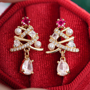 Gold Tone Red Or Green Christmas Tree Drop Earrings