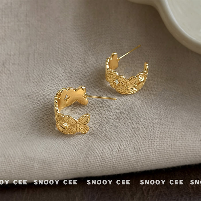 Gold Embossed Butterfly C Shape Hoop Earrings Style