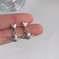 Silver Heart Post Drop Textured Planet Charm Earrings Pair view 4
