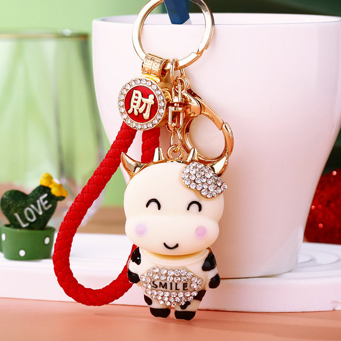 Jeweled Smiling Calf Keychains in Five Colors with Matching Fortune Loops
