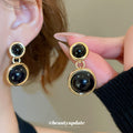 Gold Black Round Resin Bezel Drop Earrings Stud Set view 3
